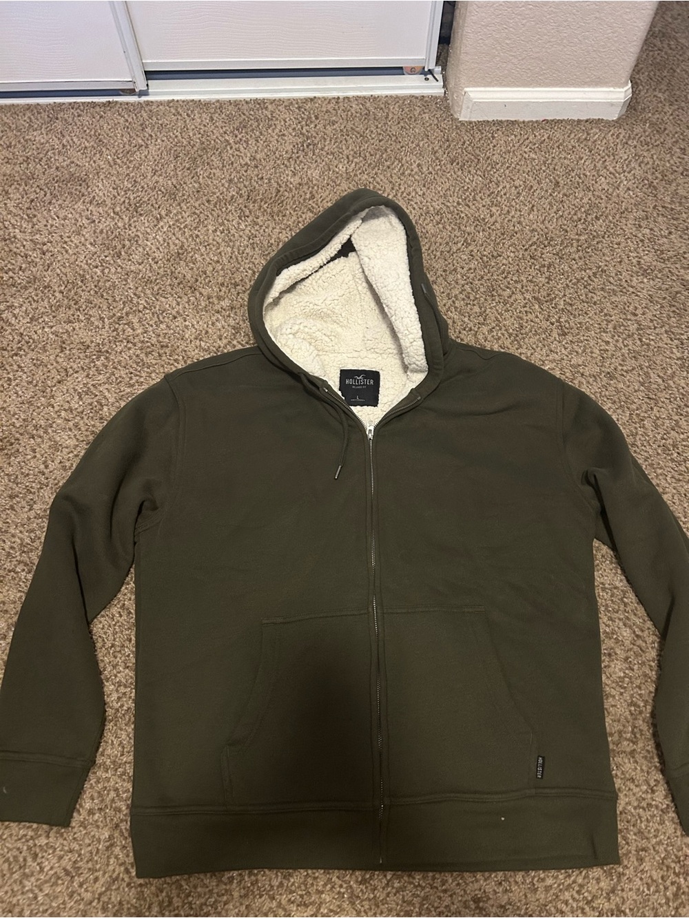 Hollister Olive Green Sherpa-Lined Full-Zip Hoodie